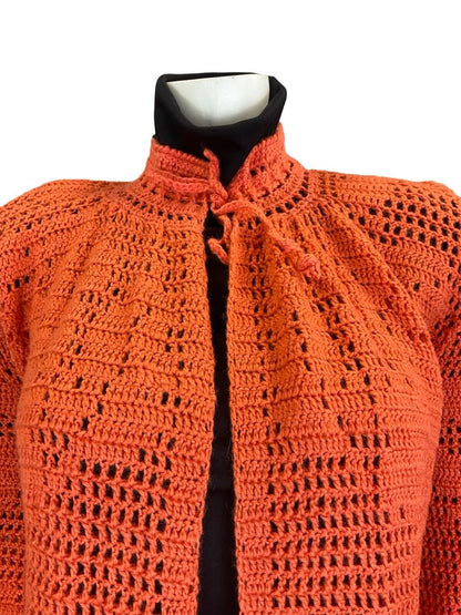 VTG 70S ORANGE HAND KNITTED FLORAL BOHO CARDIGAN TIE NECK BISHOP SLEEVE 10 12 14