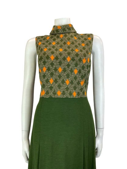 VTG 60S 70S DARK GREEN ORANGE DIAMOND CHECKED SLEEVELESS MIDI DRESS SIZE S 8 10