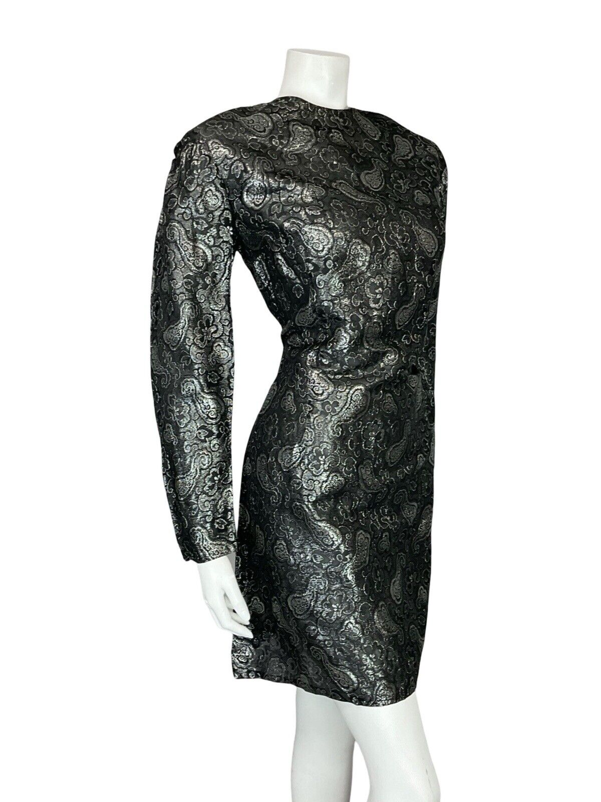 VTG 60S 70S GREY SILVER PAISLEY FLORAL BROCADE LONG SLEEVE PARTY MINI DRESS 14