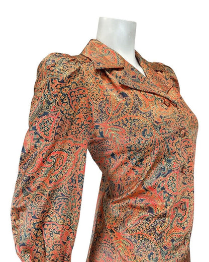 VINTAGE 60s 70s RED BLUE PSYCHEDELIC FLORAL PAISLEY LONGLSEEVE SHIRT DRESS 10