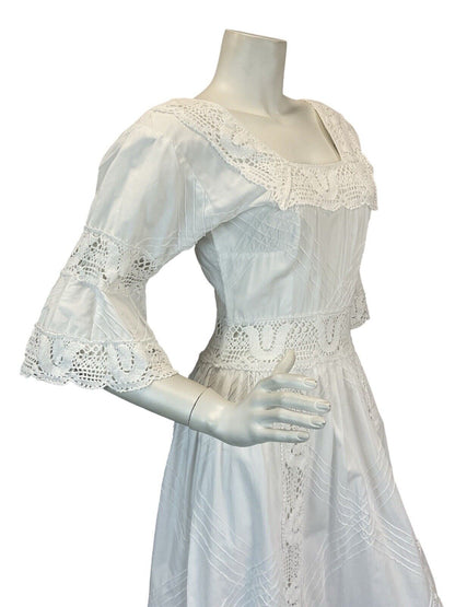 VTG 60s 70s WHITE COTTON BRODERIE LACE PRAIRIE BOHO WEDDING MAXI DRESS 6 8