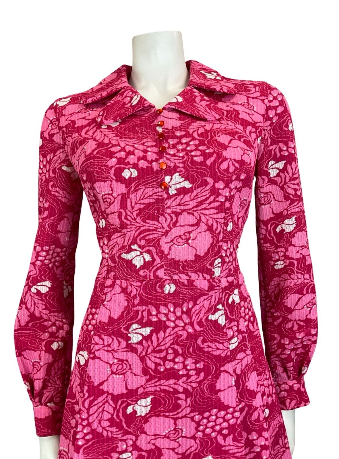 VTG 60S 70S PINK PSYCHEDELIC FLORAL MOD  LAPEL LONG SLEEVE MINI DRESS SIZE 10