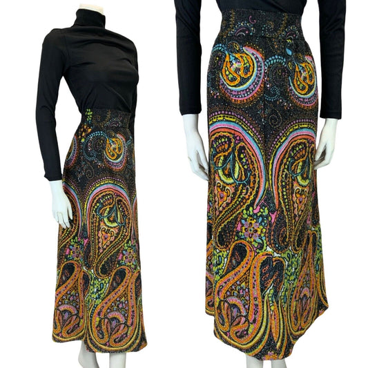 VTG 60S 70S PSYCHEDELIC PAISLEY PARTY GLITTER BLACK ORANGE MIDI SKIRT SIZE 12