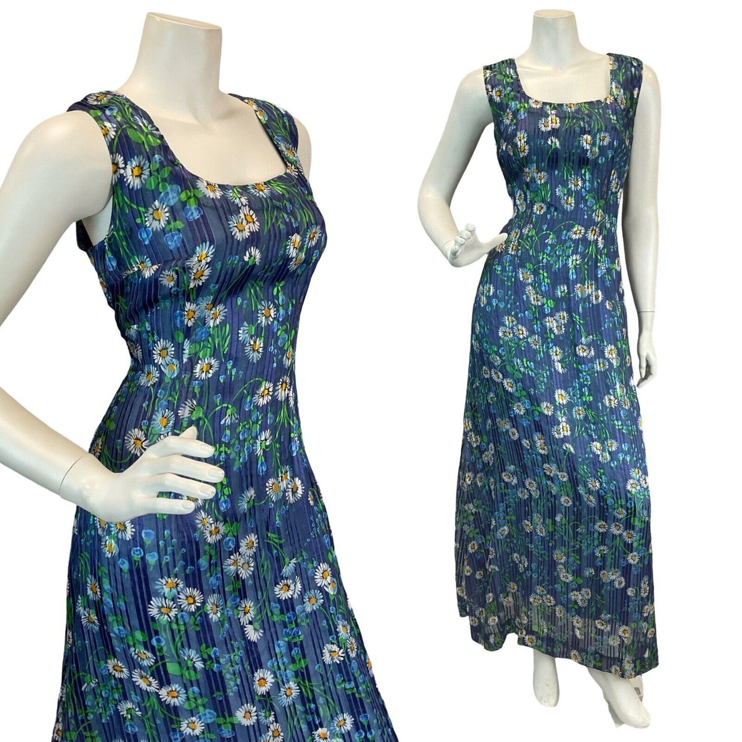 VINTAGE 60s 70s DAISY PRINT BLUE SEMI-SHEER LINED MAXI DRESS 10 12