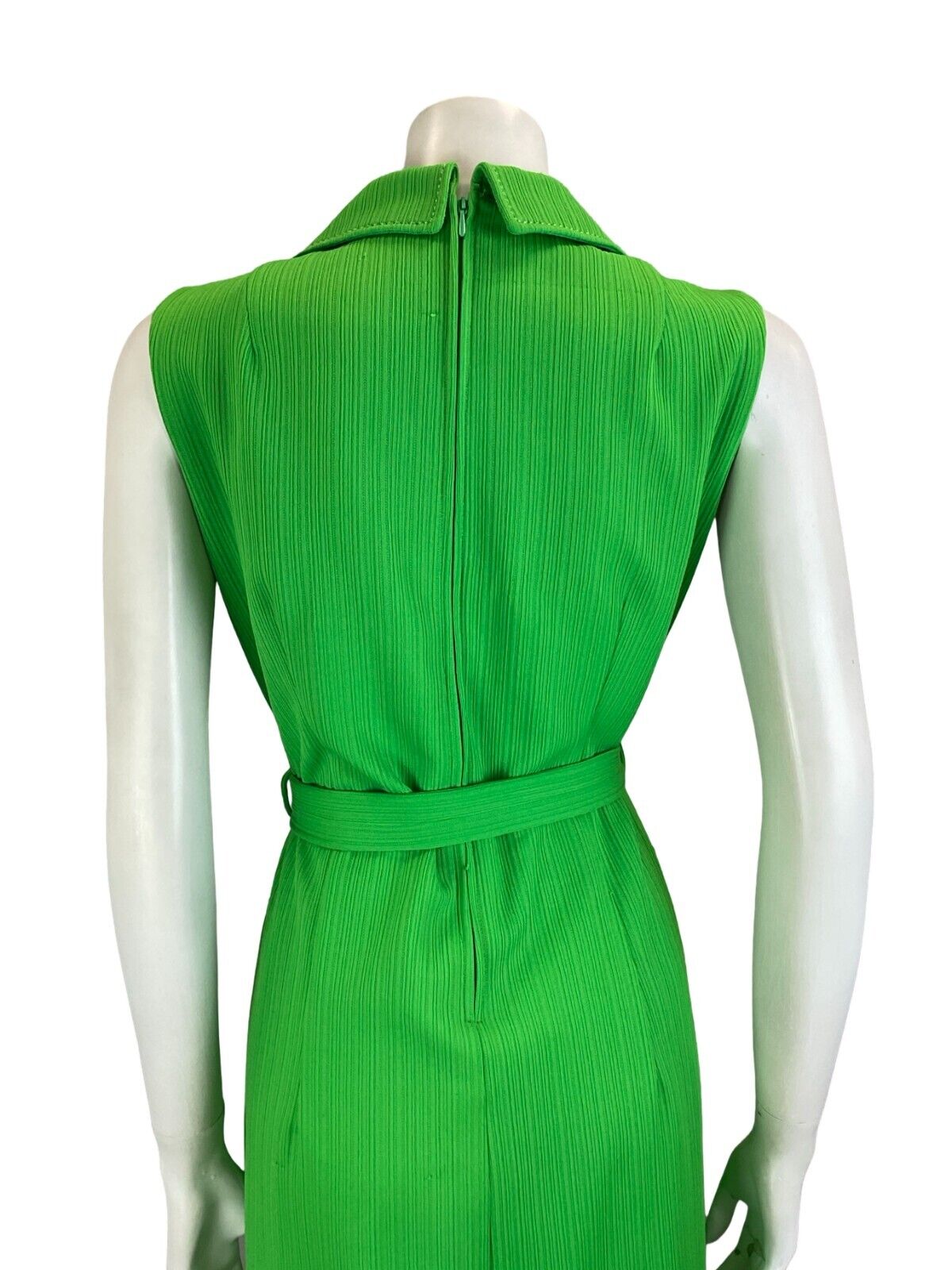 VTG 60S 70S BRIGHT GREEN STRIPED JOHHNY COLLAR SLEEVELESS BELTED SHIRT DRESS 10