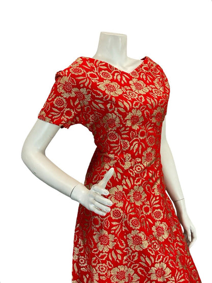 VTG 60S FOMR FITTING RED GOLD FLORAL EVENING PARTY SHORT SLEEVE MAXI DRESS 12