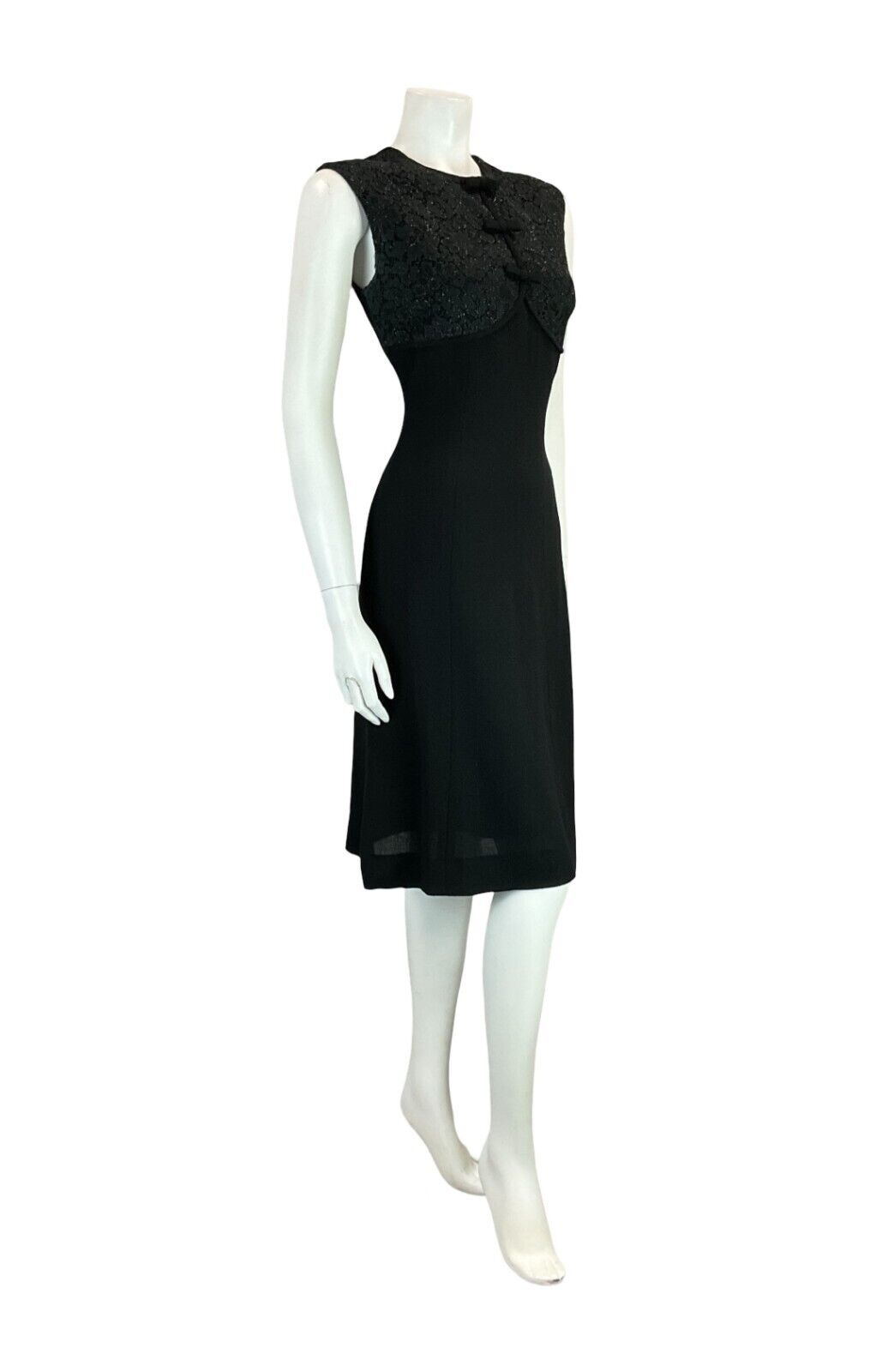 VTG 60S MOD BEADED PANEL LACE NECK SLEEVELESS MINI PARTY LITTLE BLACK DRESS 12