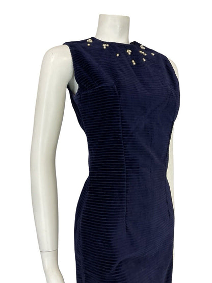 VTG 60S NAVY BLUE CORDUROY PEARL BEAD SLEEVELESS MINI PARTY FORMAL DRESS 8