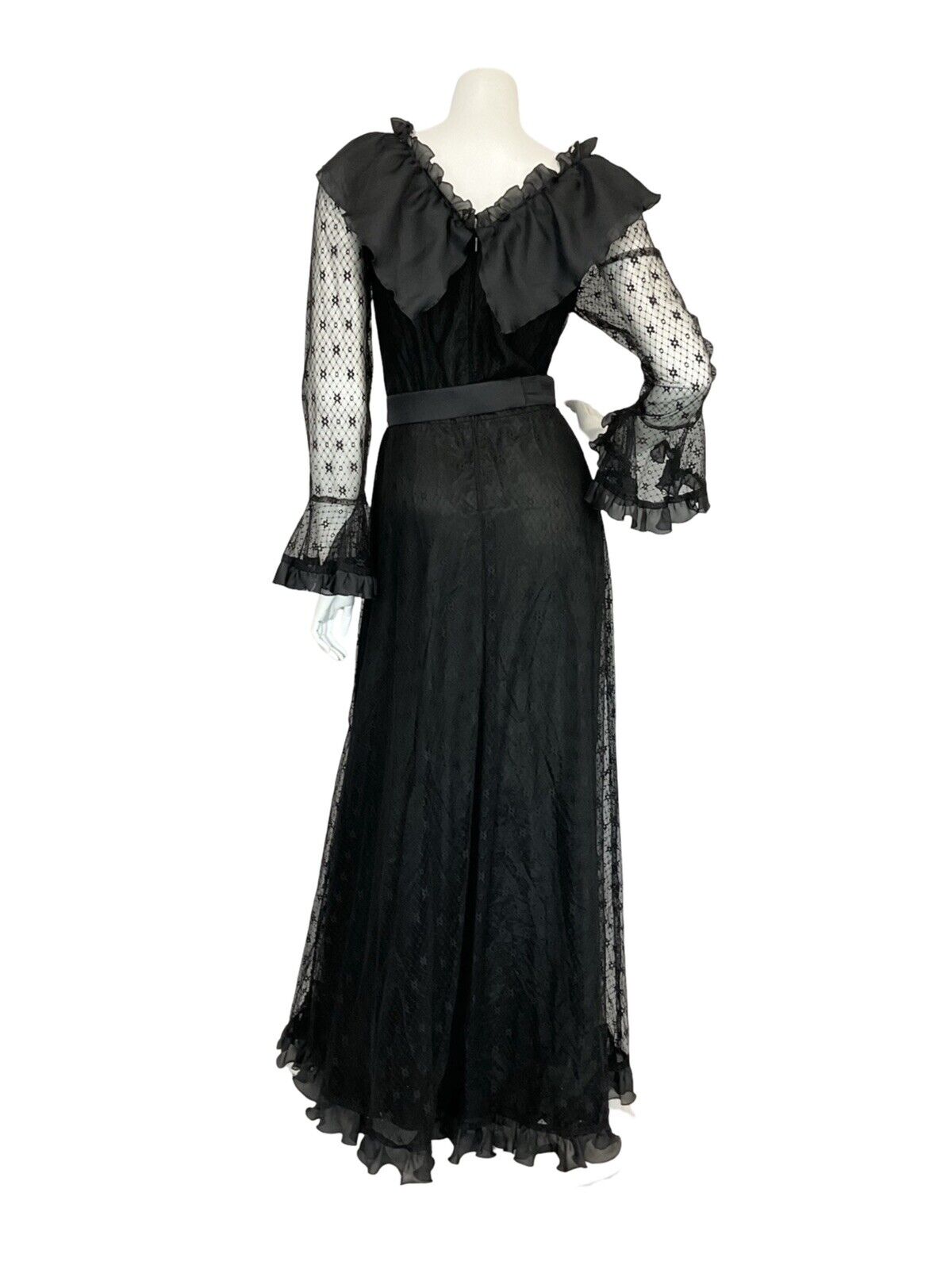 VTG 70S FRILLY V NECK BLACK LACE FLUTE SLEEVE MAXI EVENING PRAIRIE DRESS 10 12