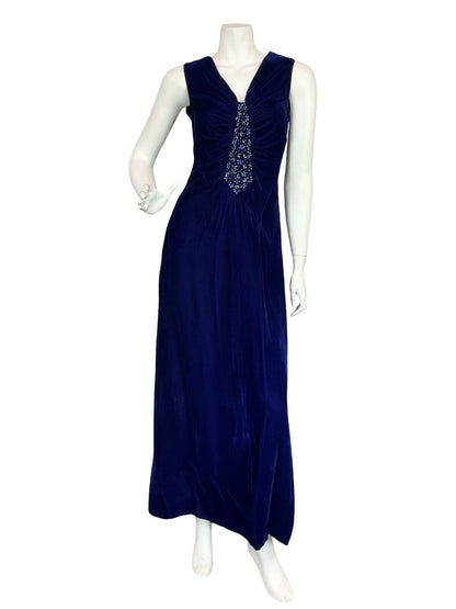 VTG 70S NAVY BLUE VELVET WHIMSIGOTH CELESTIAL BEADED EVENING MAXI DRESS S 8 10