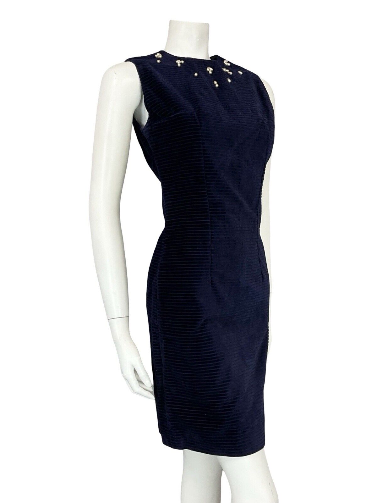 VTG 60S NAVY BLUE CORDUROY PEARL BEAD SLEEVELESS MINI PARTY FORMAL DRESS 8