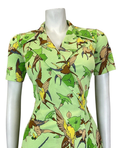 VINTAGE 60s 90s GREEN BROWN YELLOW FLORAL BIRD PARROT MOD SHIRT DRESS 10