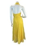 VTG 70s SUNSHINE YELLOW HALTERNECK LOW BACK PLEATED DISCO MIDAXI DRESS 8