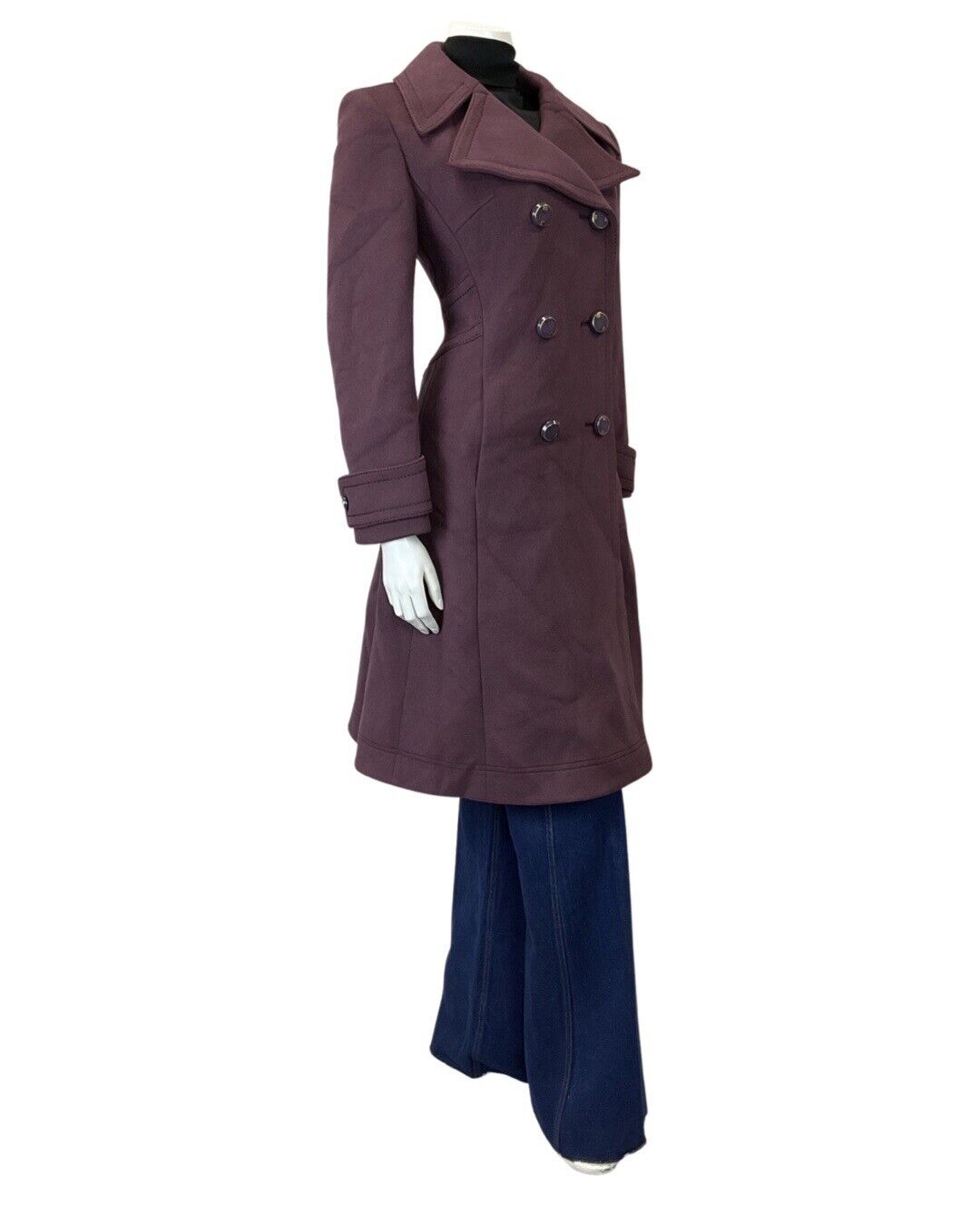 VINTAGE 60s 70s PLUM PURPLE DOUBLE-BREASTED MOD WOOL PRINCESS COAT 10 12