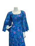 VTG 70S WEDDING OCCASION FLORAL CAPE SLEEVE MAXI DRESS BLUE PINK 10 12