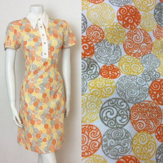 VTG 70S ORANGE YELLOW WHITE GREY SWIRL JAPANESE SHIRT DRESS 10 12