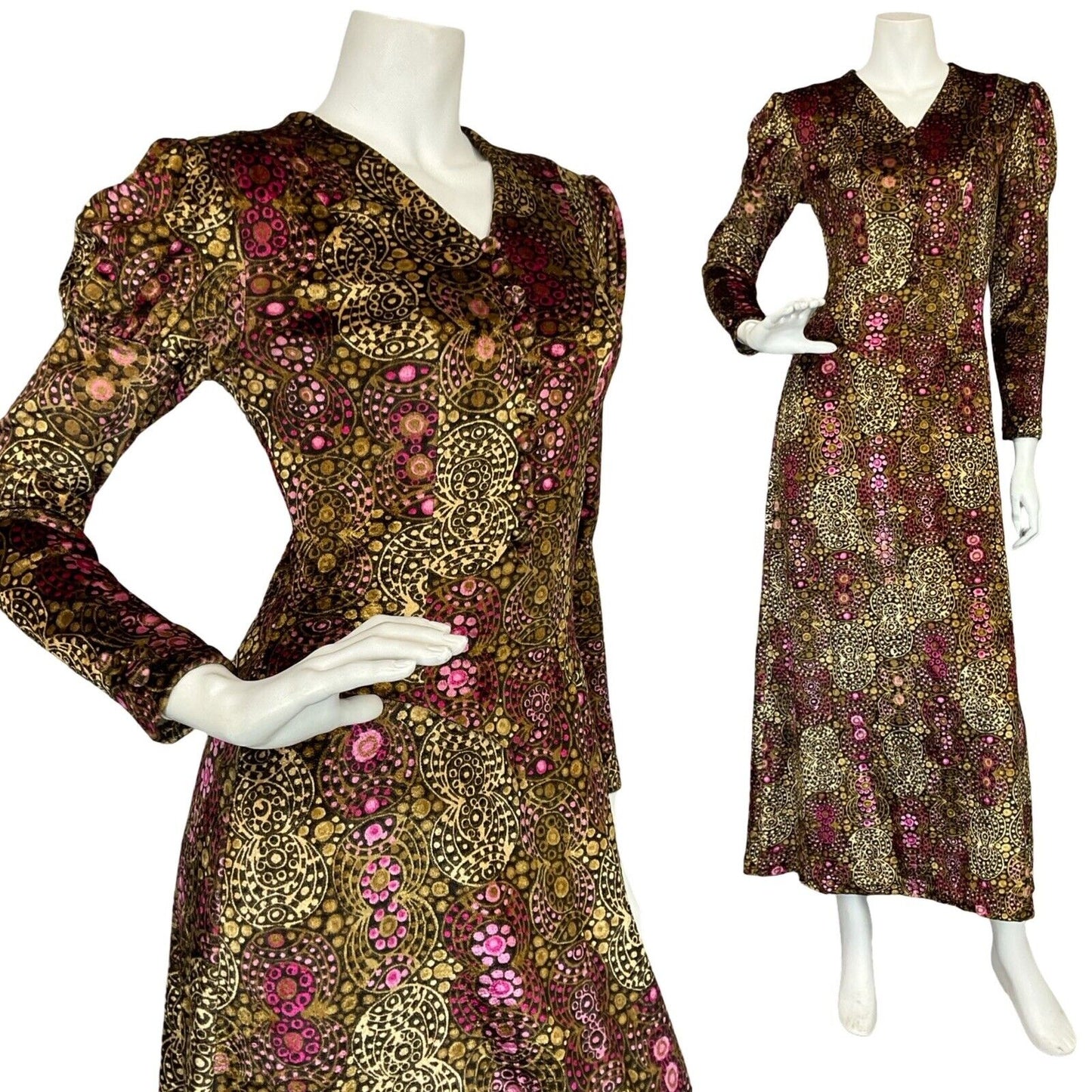 VTG 70S BOHO PRINCESS BROWN PINK DOTTY VELVET MUTTON SLEEVE V NECK MAXI DRESS 6