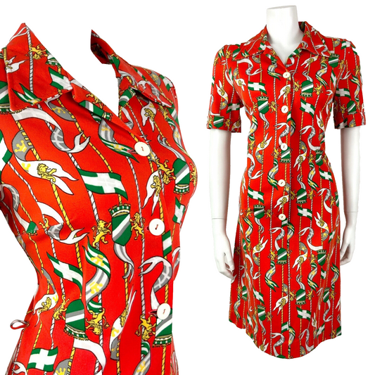 VTG 60s 70s RED ORANGE GREEN GREY FLAG LION CREST MOD DAGGER SHIRT DRESS 12 14