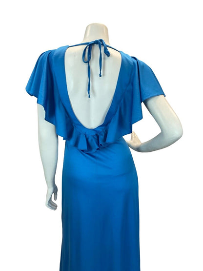 VTG 70S GLAM BLUE FLUTTER SLEEVE BACKLESS RUFFLE MAXI DRESS 10