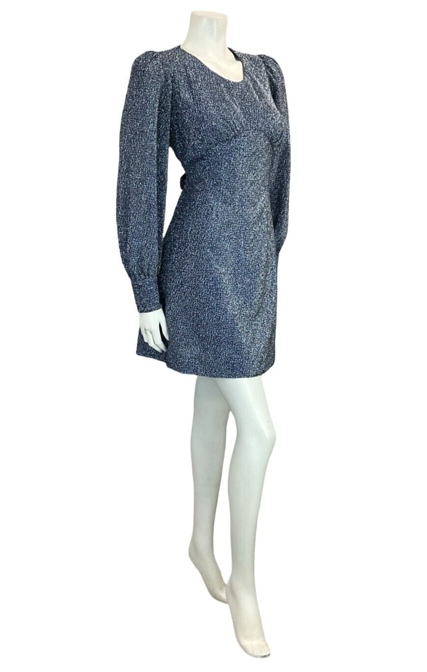 VTG 70S DISCO BLUE LUREX BISHOP SLEEVE TIE WAIST PARTY GLITTERY DRESS SIZE 6 8