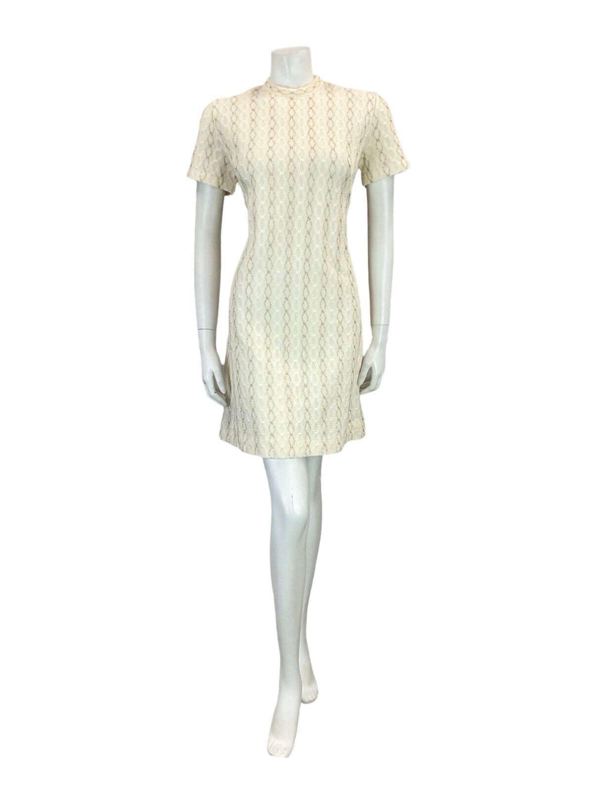 VTG 60S MOD WOOL KNITTED TEXTURE CREAM GOLD SHORT SLEEVE MINI DRESS 11