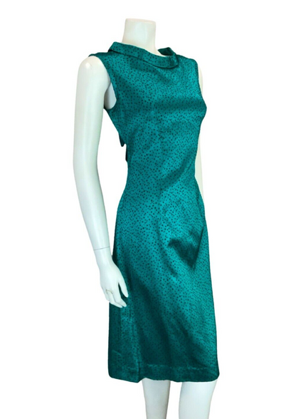 VTG 60S TEAL BLUE BLACK DOTTY SHINY TIE NECK SLEEVELESS OCCASION DRESS 12