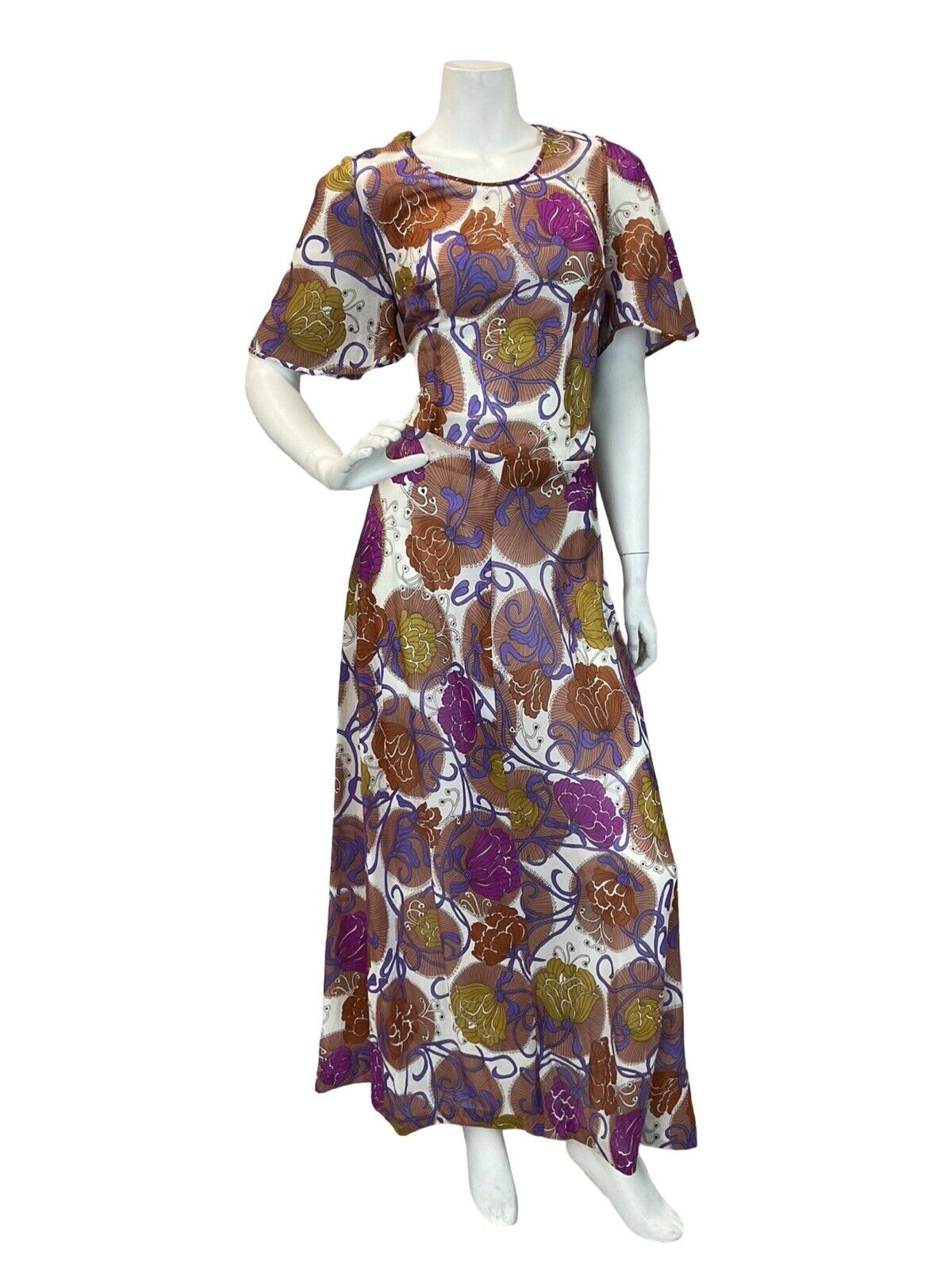 VTG 60s 70s  TRIPPY FLORAL PATTERN MULTICOLOUR BUTTERFLY SLEEVE MAXI DRESS 12