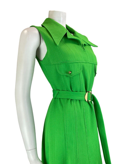 VTG 60S 70S BRIGHT GREEN STRIPED JOHHNY COLLAR SLEEVELESS BELTED SHIRT DRESS 10