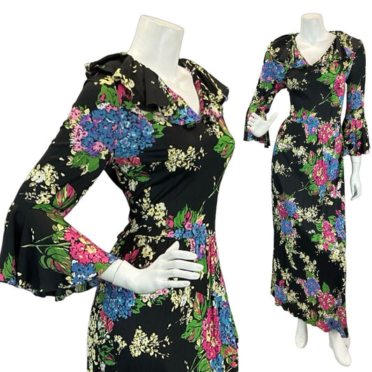 VTG 70S HYDRANGEA FLORAL BLACK PINK BLUE MAXI DRESS 8 10