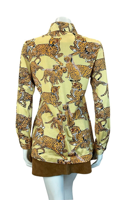 VTG 70S DAGGER COLLAR GOLD YELLOW LEOPARD PATTERN SHIRT TWINS INC MIAMI 14 M