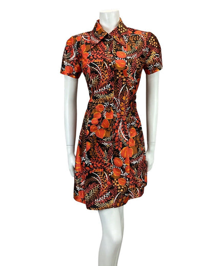 VINTAGE 60s 70s BLACK ORANGE RED FLORAL LEAF PRINT BOHO MOD MINI DRESS 12