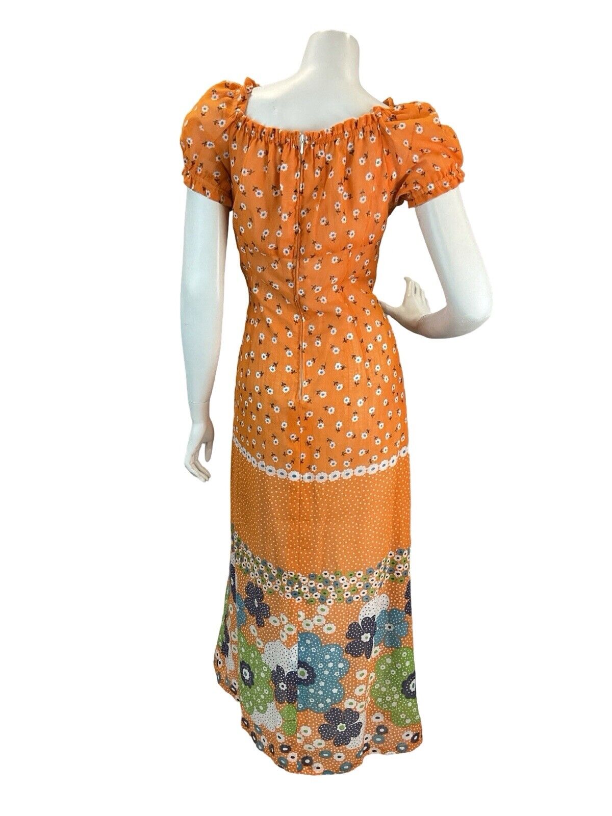 VTG 60s 70s ORANGE DAISY PSYCH RETRO FLORAL PRINT PUFF SLEEVE MAXI DRESS 8 10