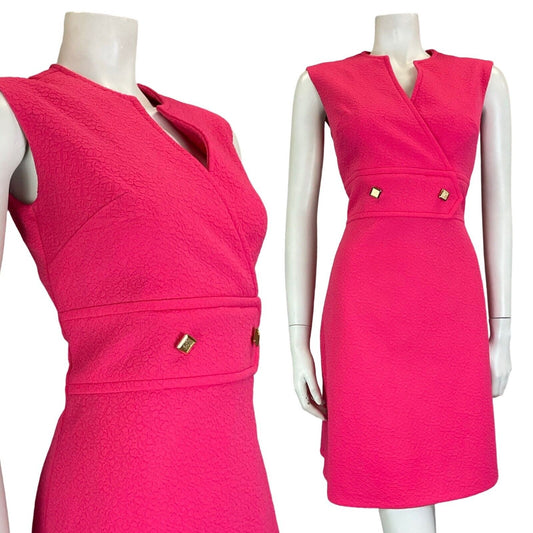 VTG 60S HOT PINK MOD SECRETARY SLEEVELESS TEXTURED EMBOSSED DRESS SIZE 10