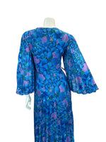 VTG 70S WEDDING OCCASION FLORAL CAPE SLEEVE MAXI DRESS BLUE PINK 10 12