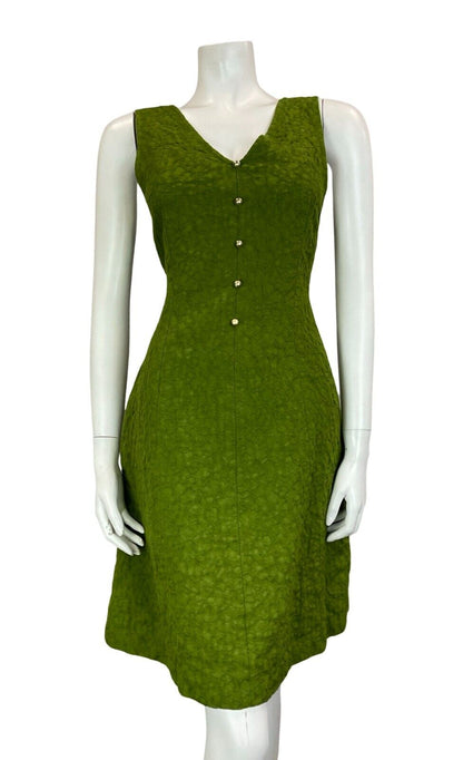 VTG 60S 70S GREEN GOLD BUTTON SLEEVELESS V NECK TEXTURED MIDI DRESS SIZE 6 8