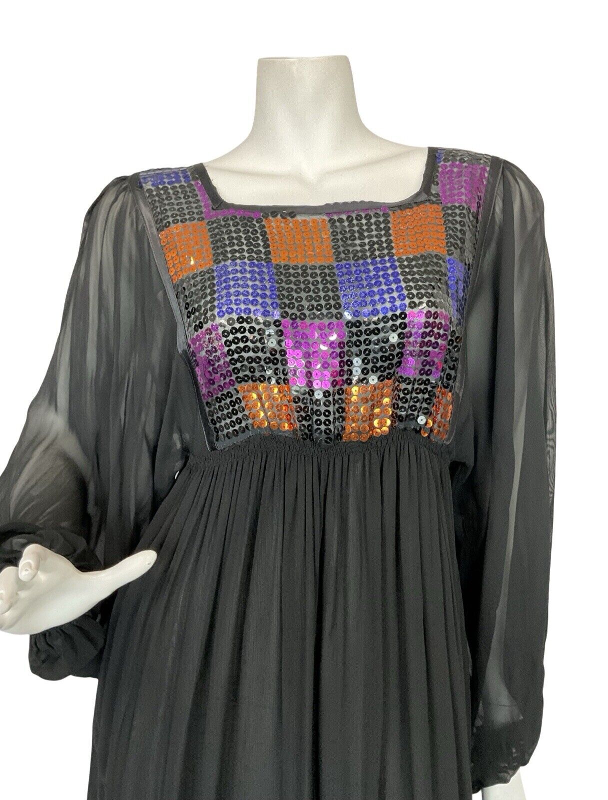 VTG 70S DISCO MESH BLACK PURPLE ORANGE SEQUIN BATWING FLOATY PARTY DRESS 6 8