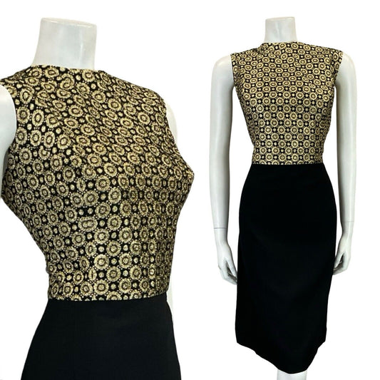 VTG 60S MOD BLACK GOLD FLORAL LUREX BROCADE PARTY SLEEVELESS MINI DRESS 16