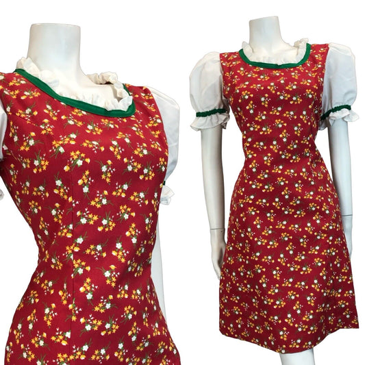 VTG 70S BAVARIAN OKTOBERFEST DIRNDL MINI DRESS RED FLORAL 12