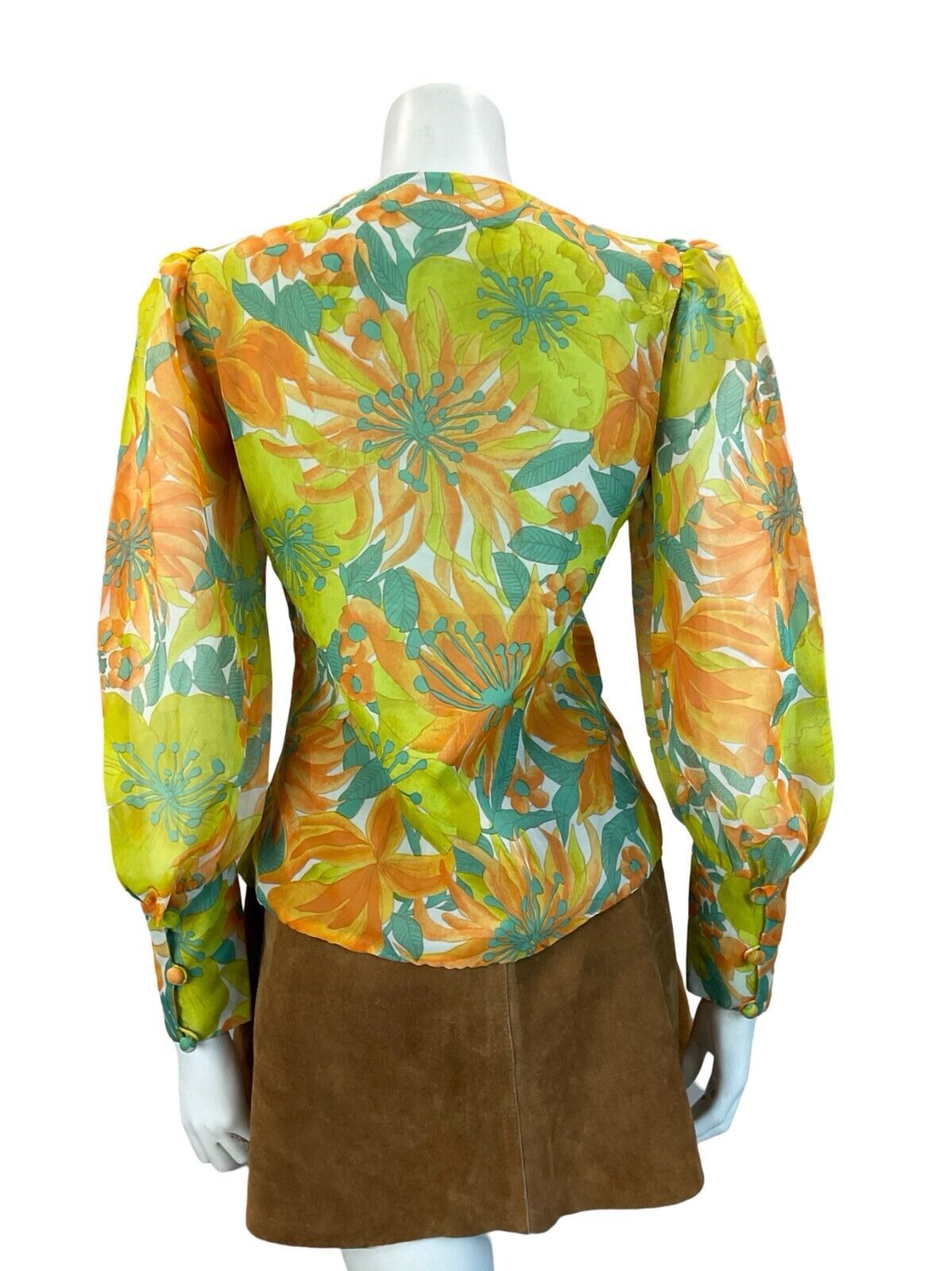 VTG 60S 70S GREEN ORANGE PSYCHDELIC FLORAL BISHOP SLEEVE BLOUSE SIZE 10 12