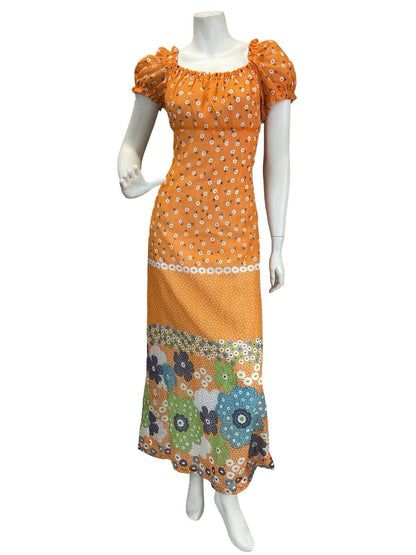 VTG 60s 70s ORANGE DAISY PSYCH RETRO FLORAL PRINT PUFF SLEEVE MAXI DRESS 8 10