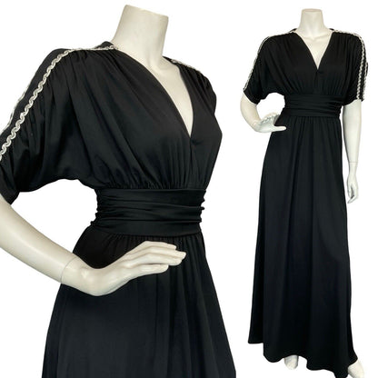 VTG 70S BLACK RUCHED BATWING EVENING SILVER TRIM PARTY MAXI DRESS S 8 10