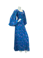 VTG 70S WEDDING OCCASION FLORAL CAPE SLEEVE MAXI DRESS BLUE PINK 10 12