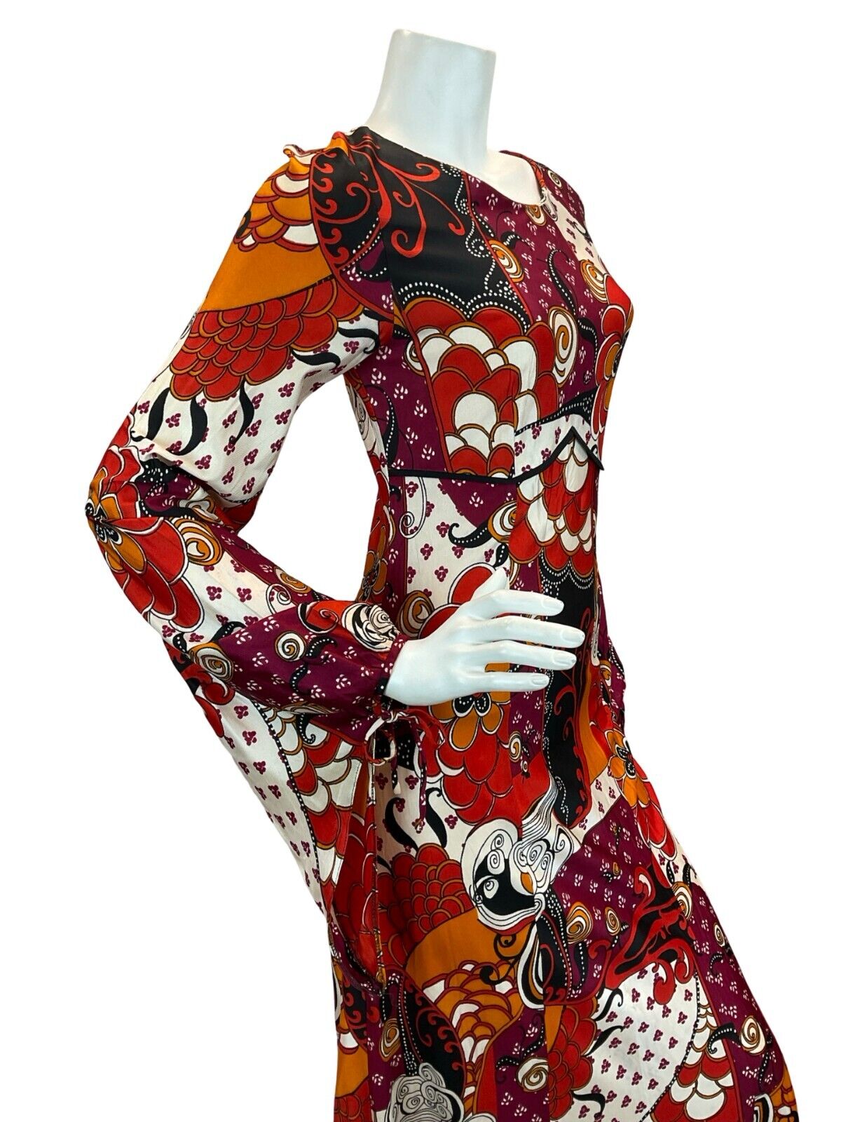 VTG 60s 70S ANGEL SLEEVE PSYCHEDELIC WIZARD MAXI DRESS ORANGE WHITE BURGUNDY 8