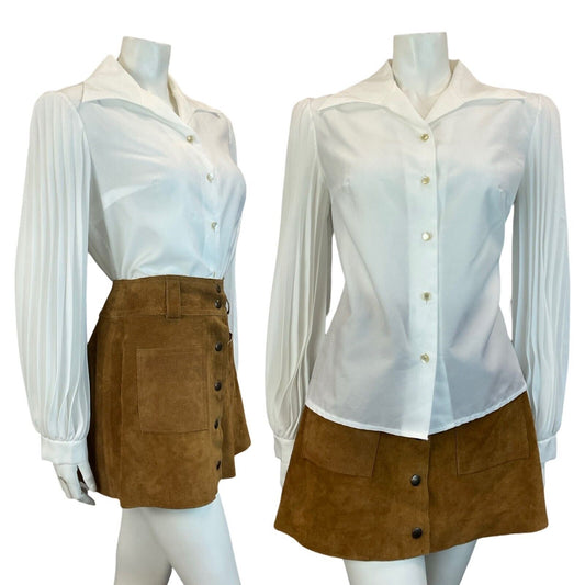 VTG WHITE PLEATED SLEEVE WINGED JOHNNY COLLAR BLOUSE TOP SIZE 14 16