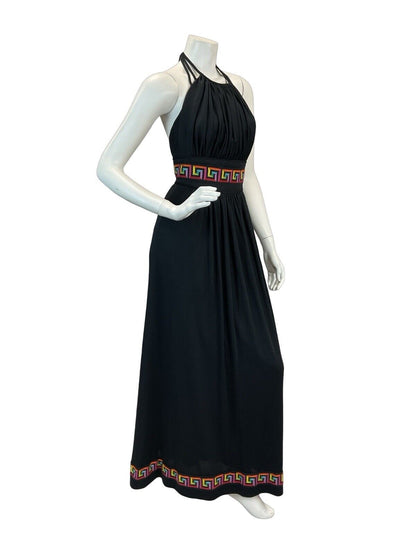 VTG 70S DISCO SUMMER BLACK MULTICOLOUR EMBROIDERED HALTERNECK MAXI DRESS 4