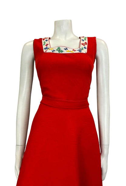 VTG 60S BUTTERFLY PAISLEY RED SLEEVELESS MINI DRESS WITH BELT SIZE 10 12