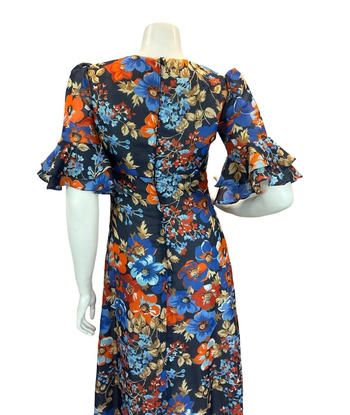 VTG 70S BLUE ORANGE FLORAL BELL SLEEVE EMPIRE MAXI DRESS 8