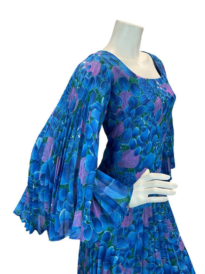 VTG 70S WEDDING OCCASION FLORAL CAPE SLEEVE MAXI DRESS BLUE PINK 10 12