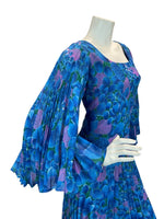 VTG 70S WEDDING OCCASION FLORAL CAPE SLEEVE MAXI DRESS BLUE PINK 10 12