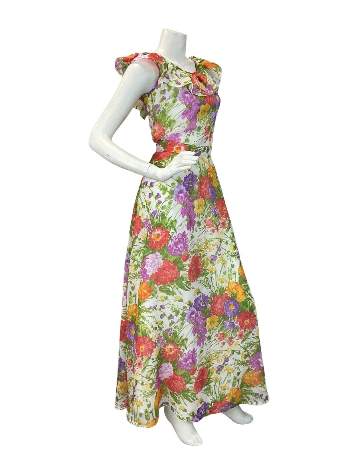 VTG 60s 70s WHITE BRIGHT MULTICOLOUR FLORAL RUFFLE NECK SUMMER MAXI DRESS 10 12